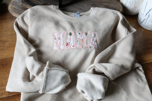 Crewneck Tan Sweatshirt with MAMA Embroidery