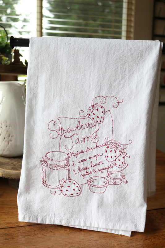 Redwork Embroidered "Strawberry Jam" Floursack Towel